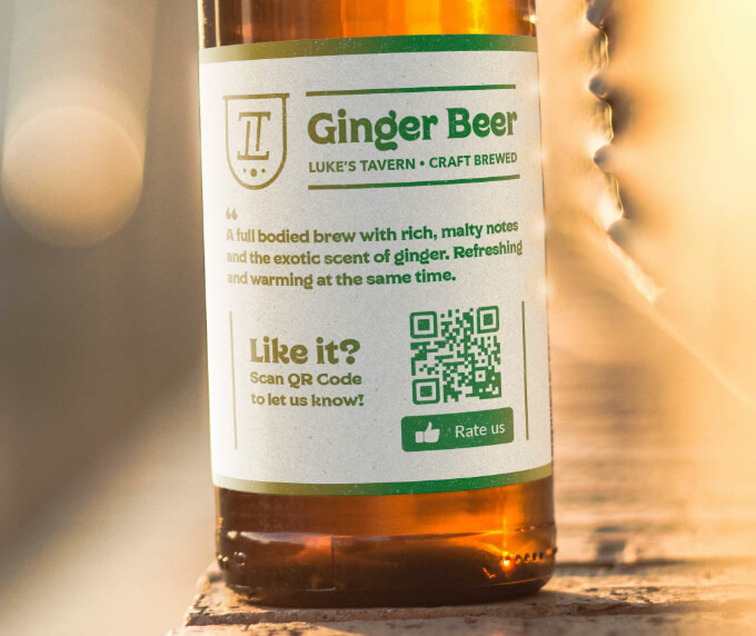 A bottle of soda with a QR Code on the label that gets consumers to leave a five-star scale rating about the soda.