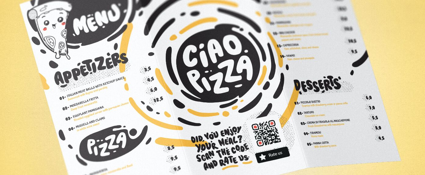 A tri-fold restaurant menu with a QR Code that gets customers to leave a five-star scale rating about the food and service.