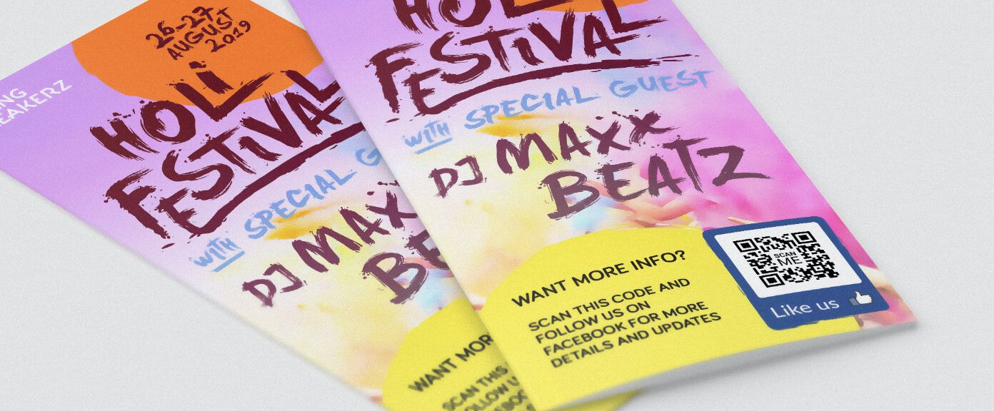 An event brochure with a QR Code that links to a Facebook page to increase likes and followers.