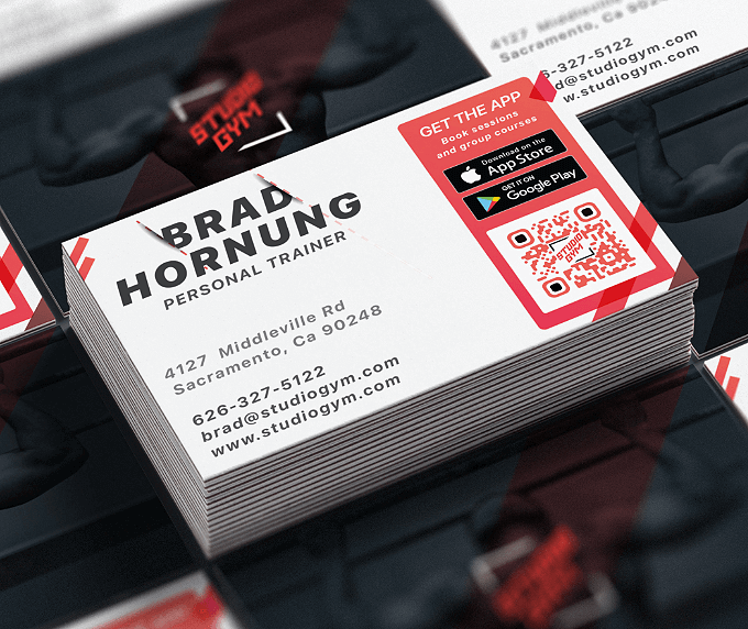 A personal trainer’s business card with a QR Code that links to a fitness app in the Apple App Store and Google Play Store.