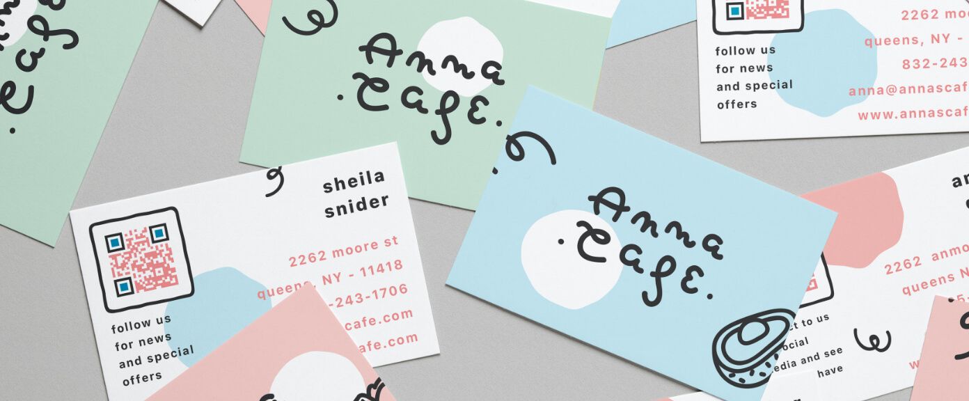 A cafe owner’s business card with a QR Code that links to multiple social media channels displayed on one page.