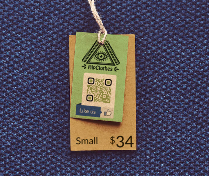 A clothing tag with a QR Code that links to a Facebook page to increase likes and followers.