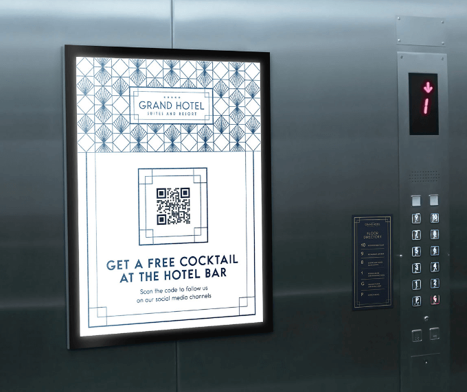 QR Code on a digital display inside a hotel elevator