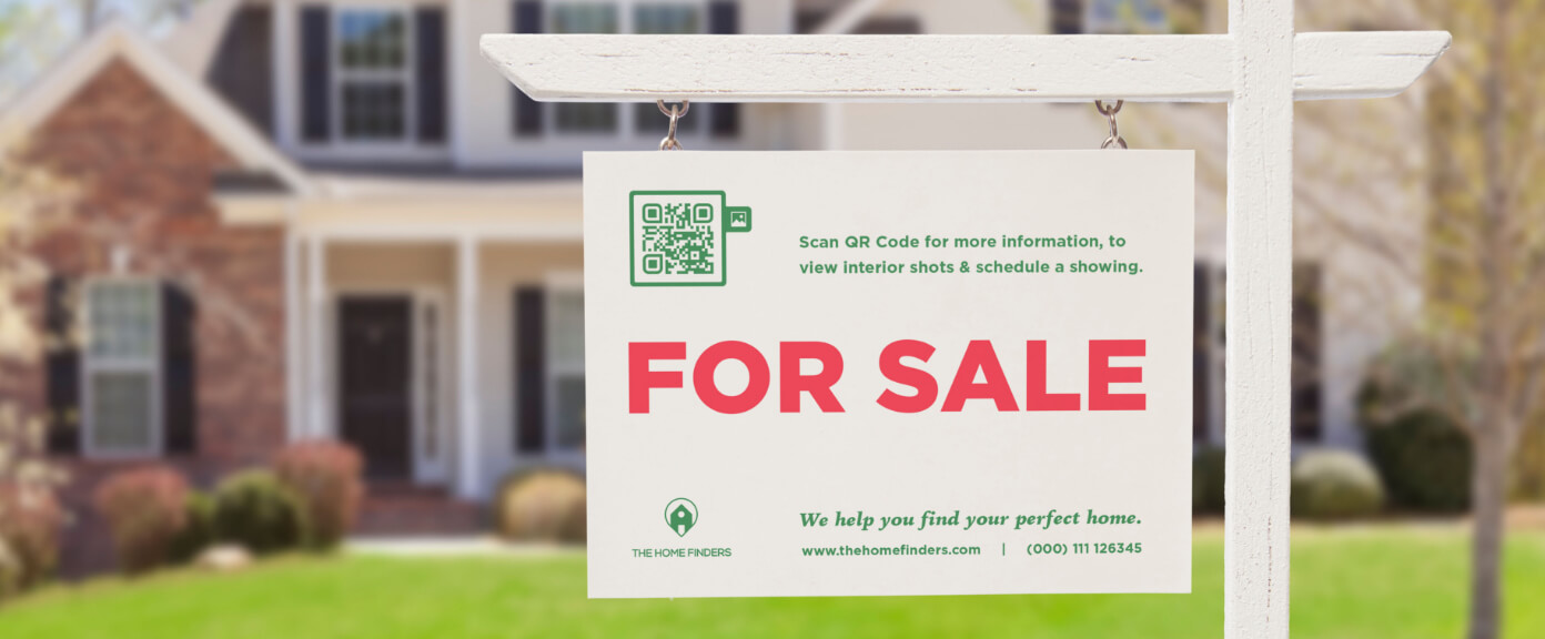 A signage outside of a for-sale home with a QR Code that displays interior images in a gallery style.