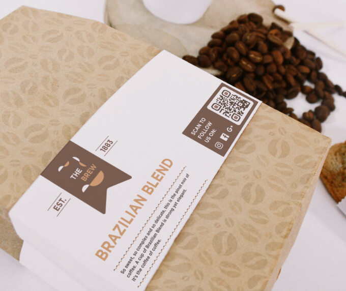 Coffee blend packaging with a QR Code that links all social media channels on one page.