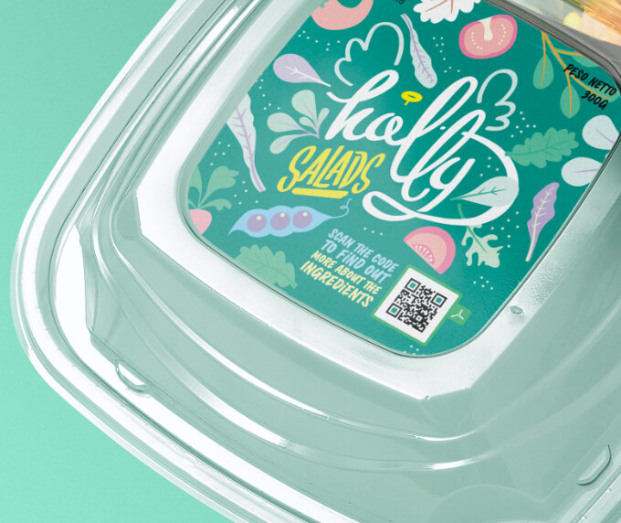 Salad container with a QR Code that contains a PDF version of the salad ingredients list.