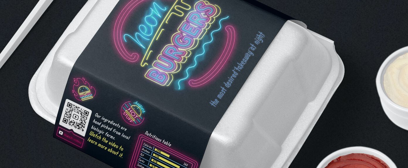 Food takeaway packaging with a QR Code that links to a video playlist showcasing locally-sourced ingredients.