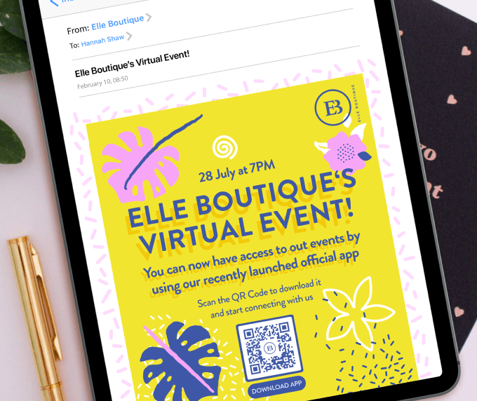 A tablet showing an email inviting the recipient to join a virtual event via QR Code.