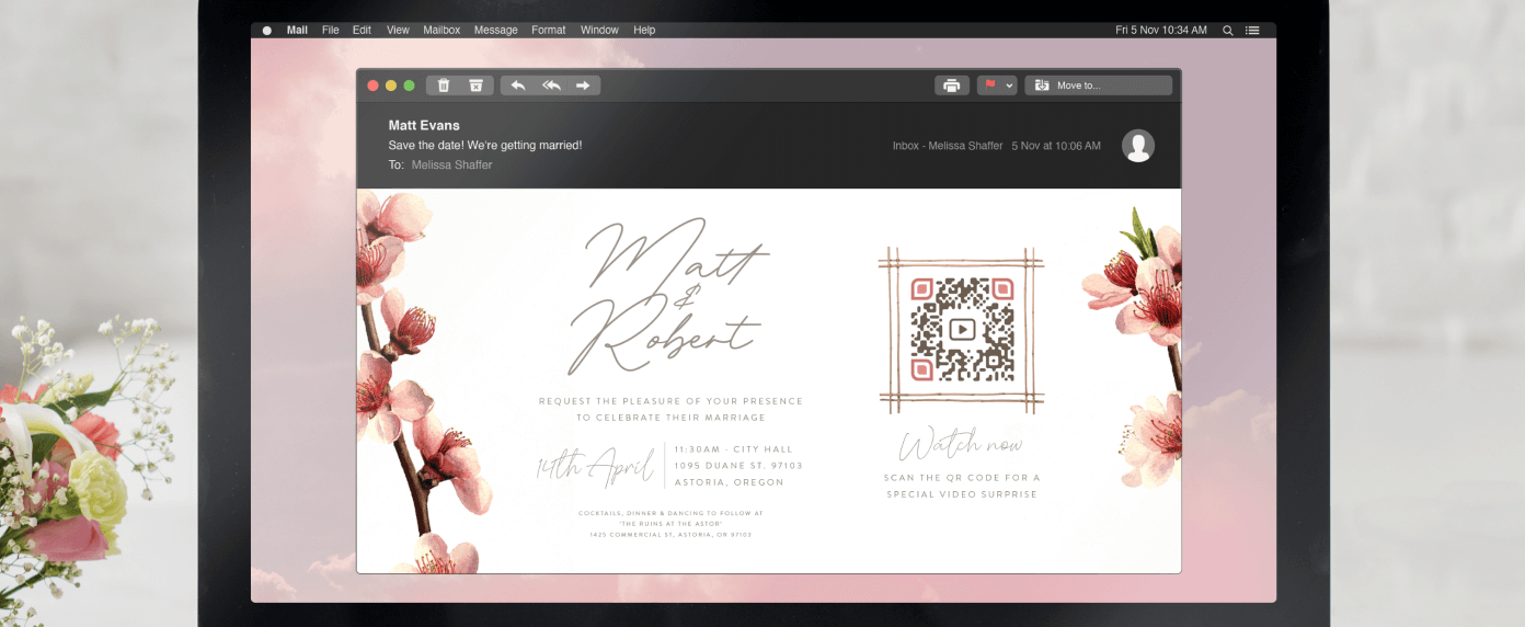 A wedding invitation email that includes a QR Code for a video.