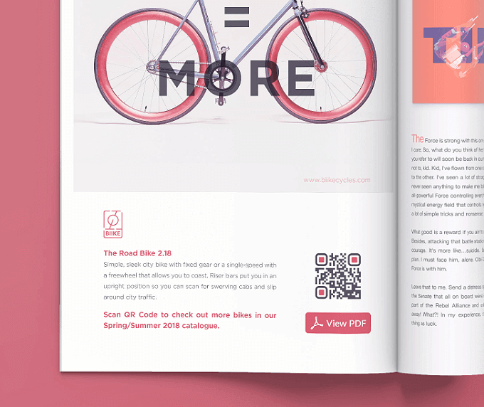 A magazine ad for a bicycle company with a QR Code that contains a PDF catalog for the latest bike designs.
