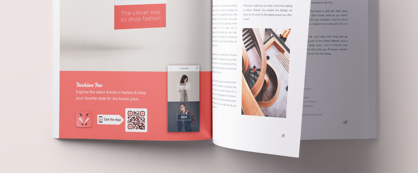 A magazine ad for a fashion brand with a QR Code that links to their app in the Apple App Store and Google Play Store.
