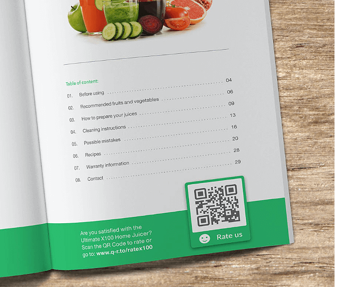 A product manual with a QR Code that gets consumers to leave a five-star scale rating about the product.