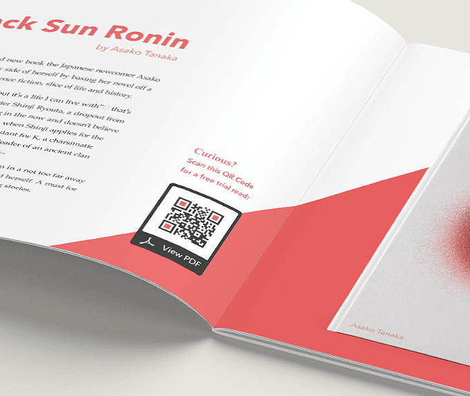 A magazine ad for a new book with a QR Code that contains free snippets of the book in a PDF file.
