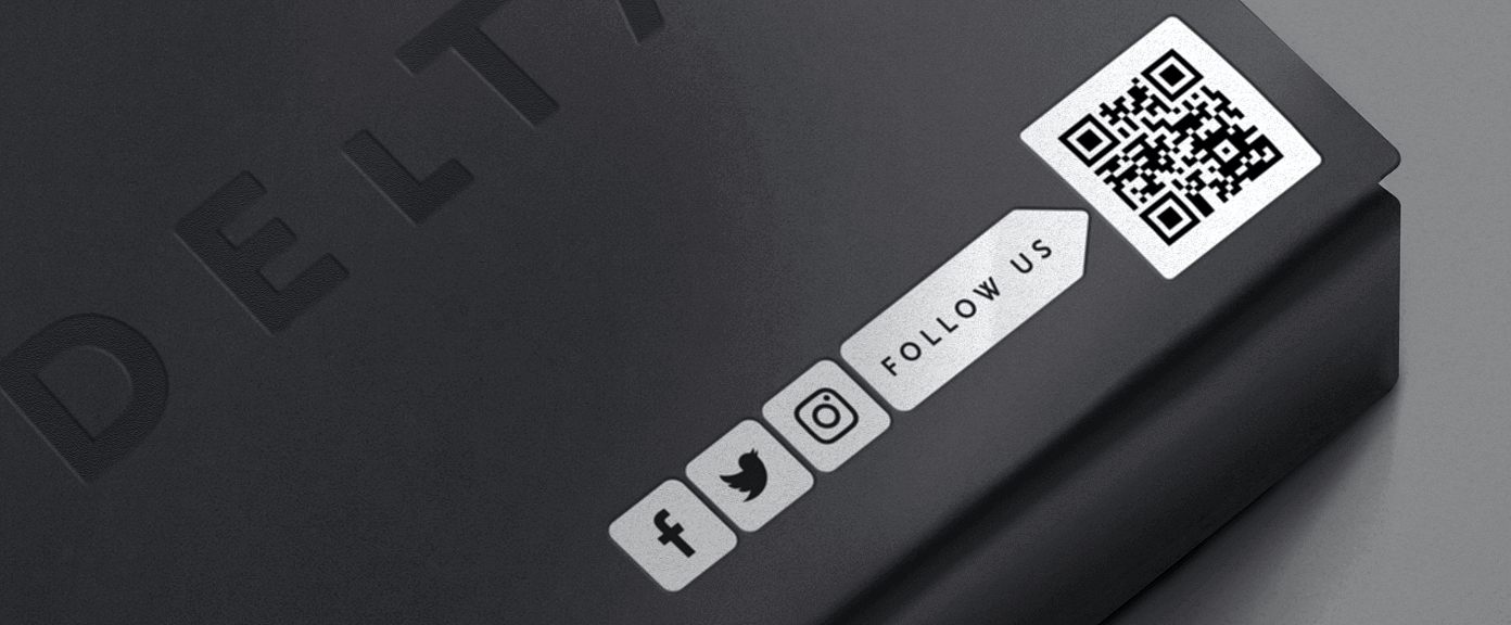 An electronic product packaging with a QR Code that links to all social media channels displayed on one page.