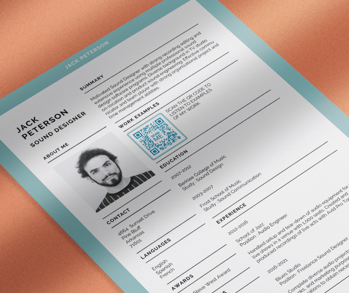 A sound designer’s white and green resume with a blue QR Code under work examples that prompts the reader to scan to listen to examples of their work.