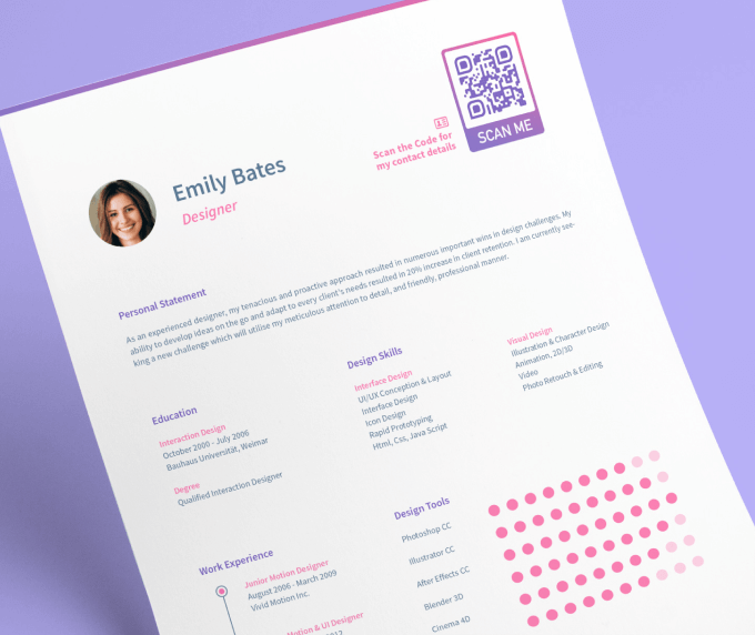 A designer’s resume with pink and purple text and a purple QR Code in the top right corner prompting the reader to scan for their contact details.