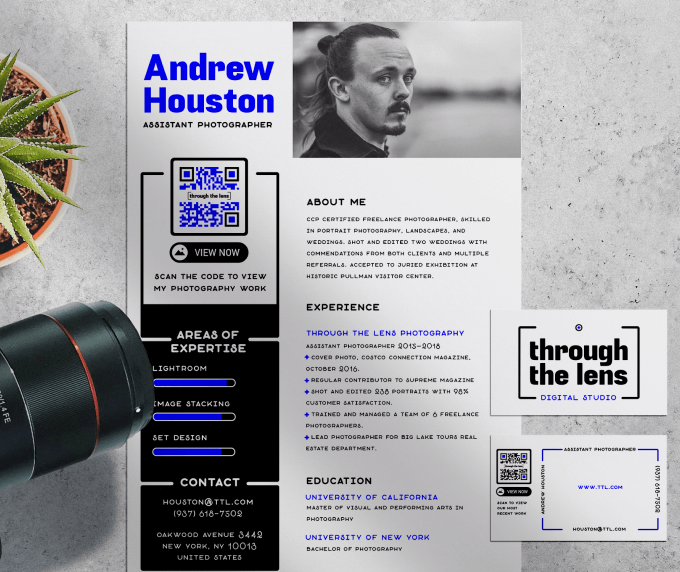 A photographer’s resume with a blue and black QR Code prompting the reader to scan to view their photography work.