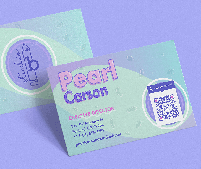 A business card with a QR Code that links to contact information in vCard format.