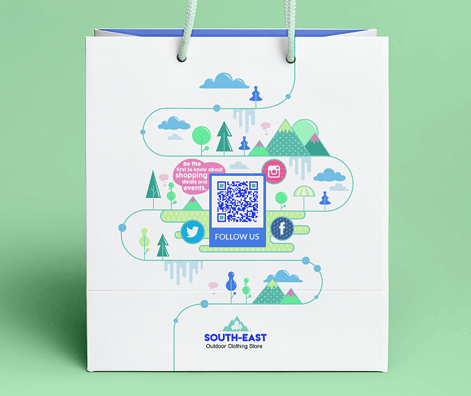 A paper bag from a clothing store with a QR Code that links to all their social media channels on one page.