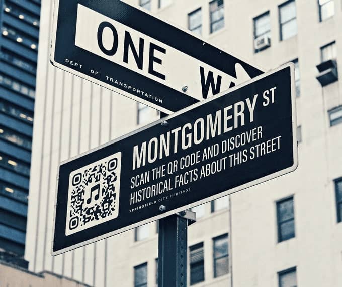 QR Code idea on a street sign to promote a street's historical fact