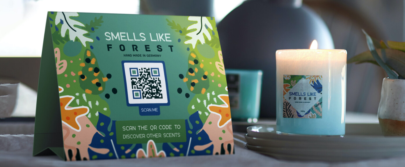 Table tent at a home accessories store with a QR Code that displays the availability of other products in-store.
