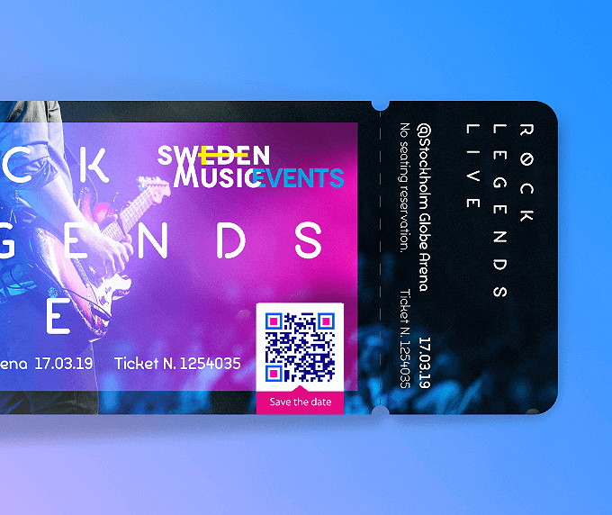Admission ticket from a music festival with a QR Code that lets customers save event details to their smartphone calendars.