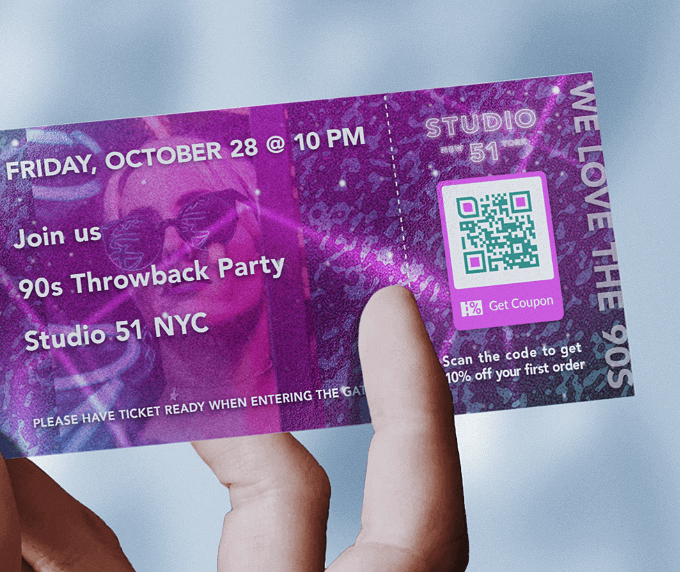 Admission ticket for a club with a QR Code that offers a discount coupon for customers to redeem.