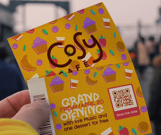 Invitation card for a grand opening party with a QR Code that lets customers save event details to their smartphone calendars.