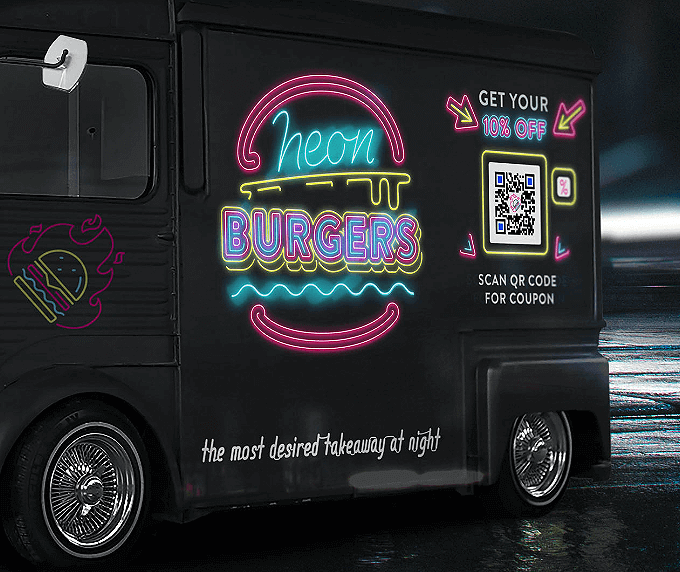 Food truck with a QR Code that offers a discount coupon when scanned.