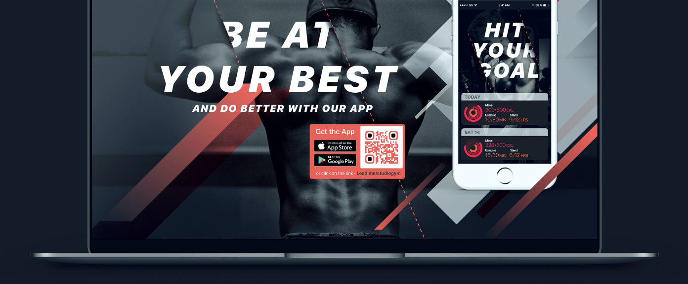 Fitness studio website with a QR Code that links to a fitness app in the Apple App Store and Google Play store.