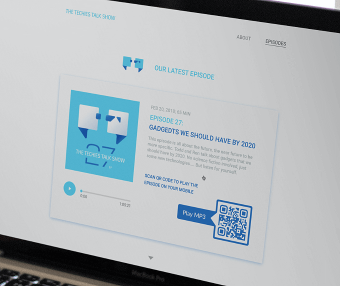 A website that promotes podcast episodes with a QR Code that lets users scan and listen to the MP3 file in their smartphones.