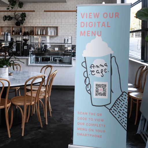 QR Code menu on a banner at a cafe