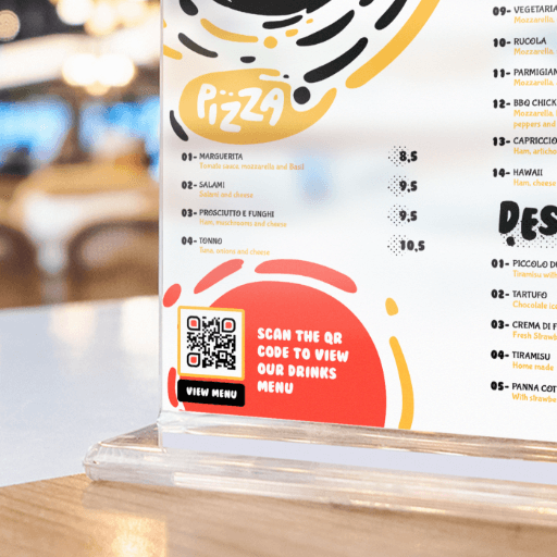 QR Code menu on a table tent at a restaurant