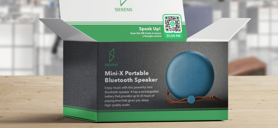 The packaging for a bluetooth speaker that includes a Google business review QR Code.