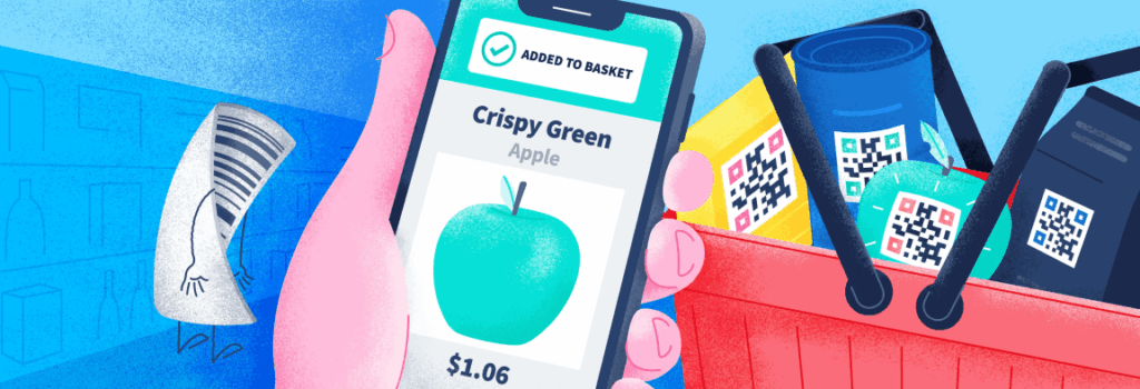 Una mano che tiene uno smartphone che scansiona codici a barre 2D su articoli alimentari in un carrello della spesa.